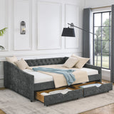 Queen Size Upholstered Daybed With Tufted Back And Nail Trimmed Waved Arms - Gray