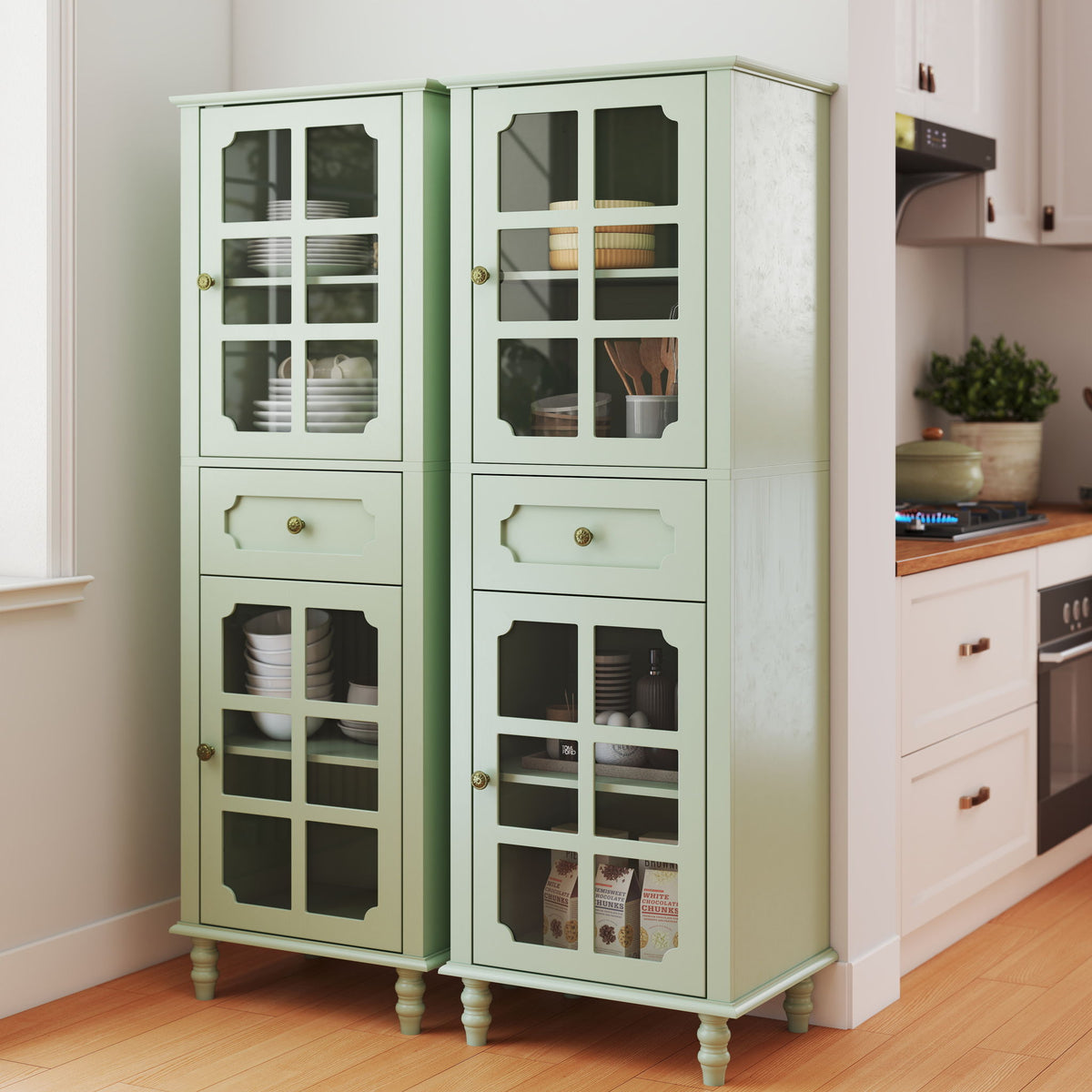 Storage Cabinet, Freestanding Curio Cabinet With Grid Doors & Drawer, Pantry Display Cabinet For Kitchen
