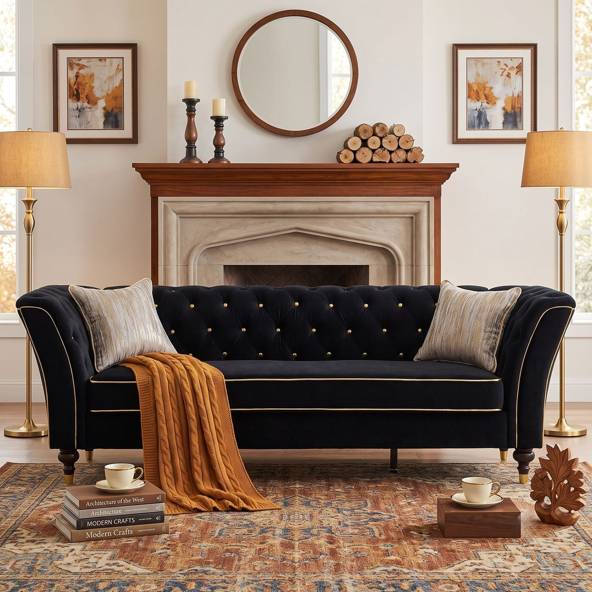 3 Person Sofa With Deep Seat, Tufted Backrest