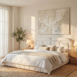 Queen Size Upholstered Platform Bed With Tufted Headboard - White