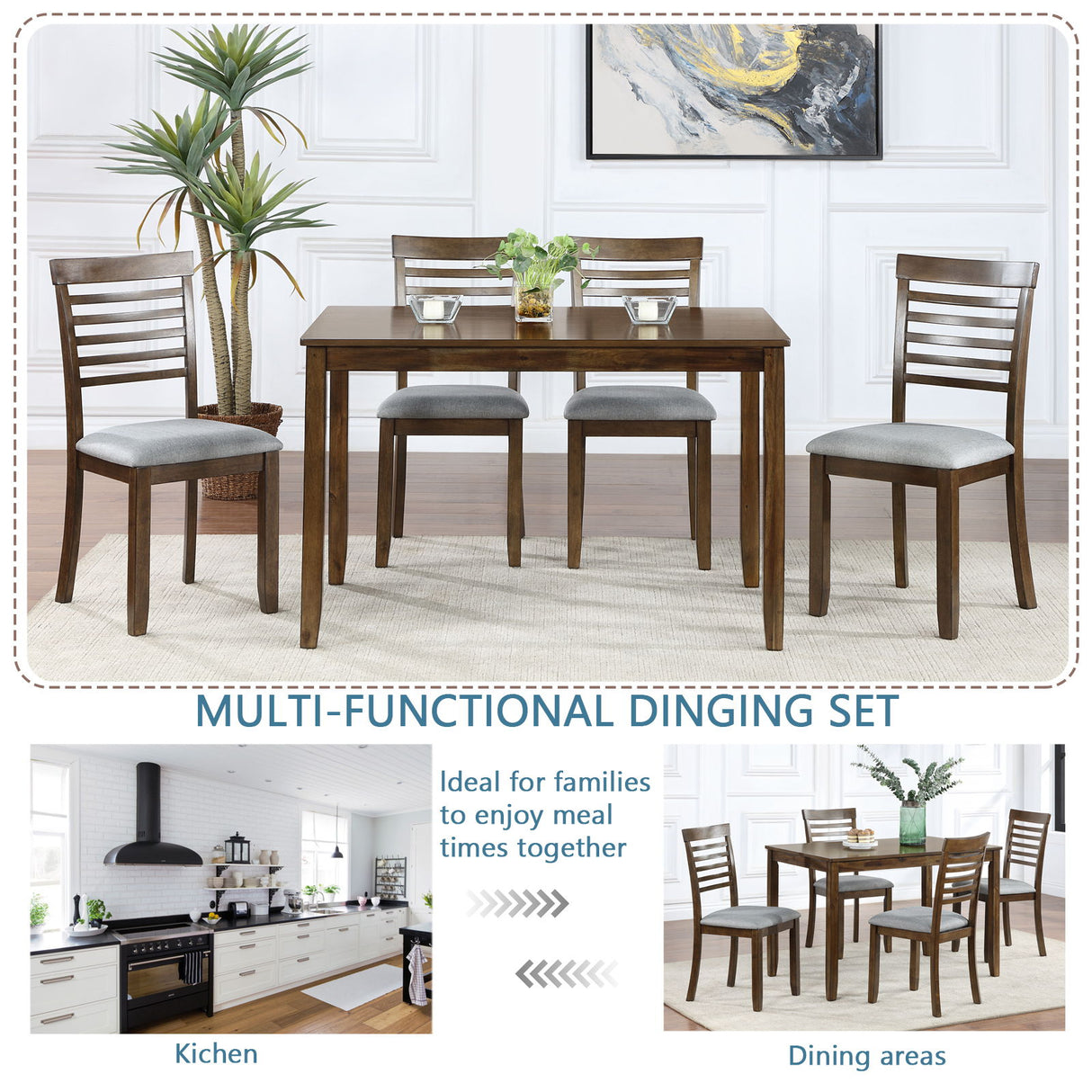 5 Pieces Modern Dining Set, Rectangular Wooden Dining Table With 4 Upholstered Chairs