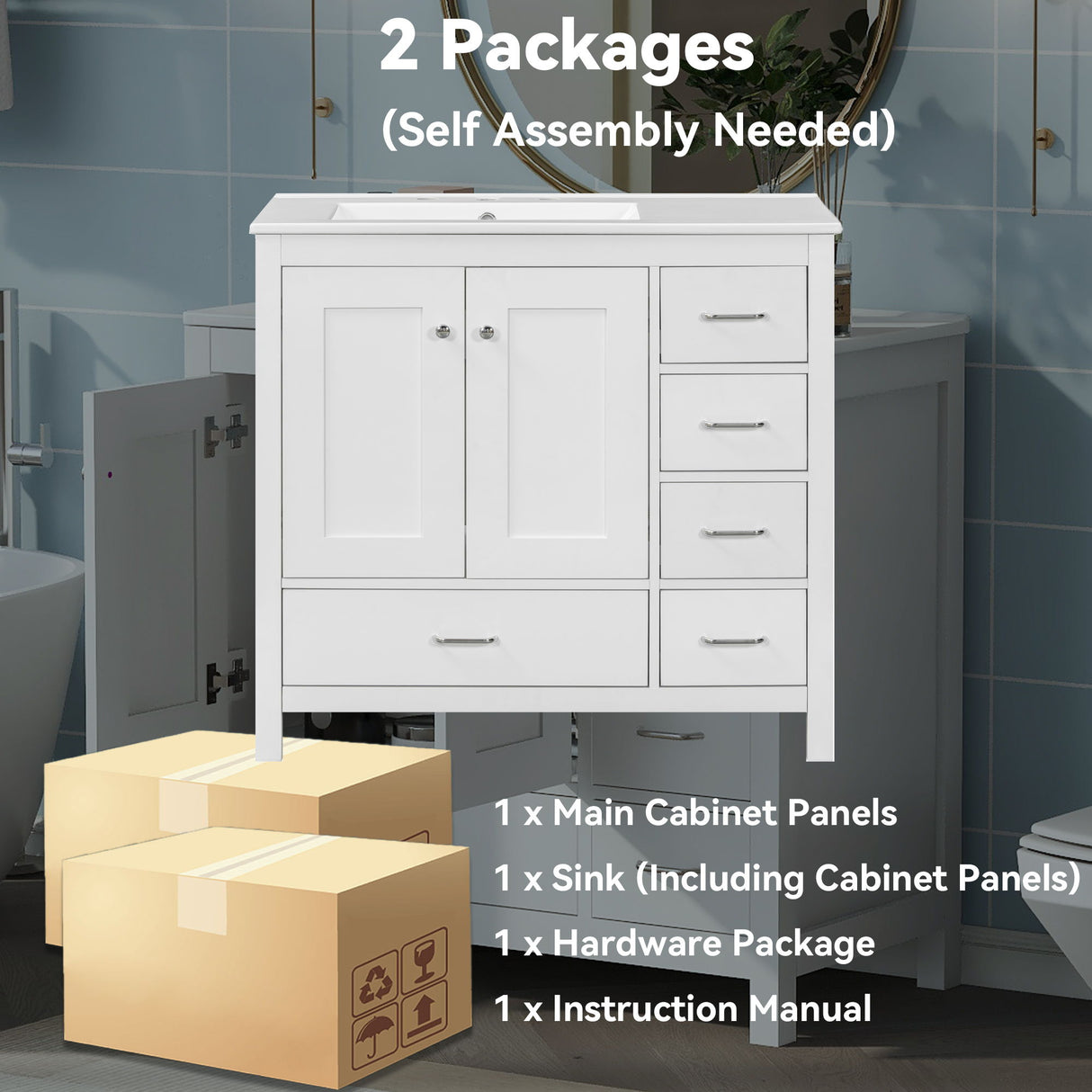Bathroom Vanity With Sink Combo, 2 Soft Close Doors And 5 Drawers