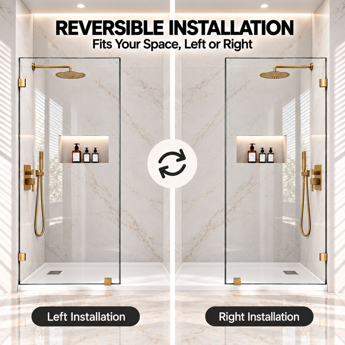 Frameless Bathtub Shower Screen, Reversible Installation
