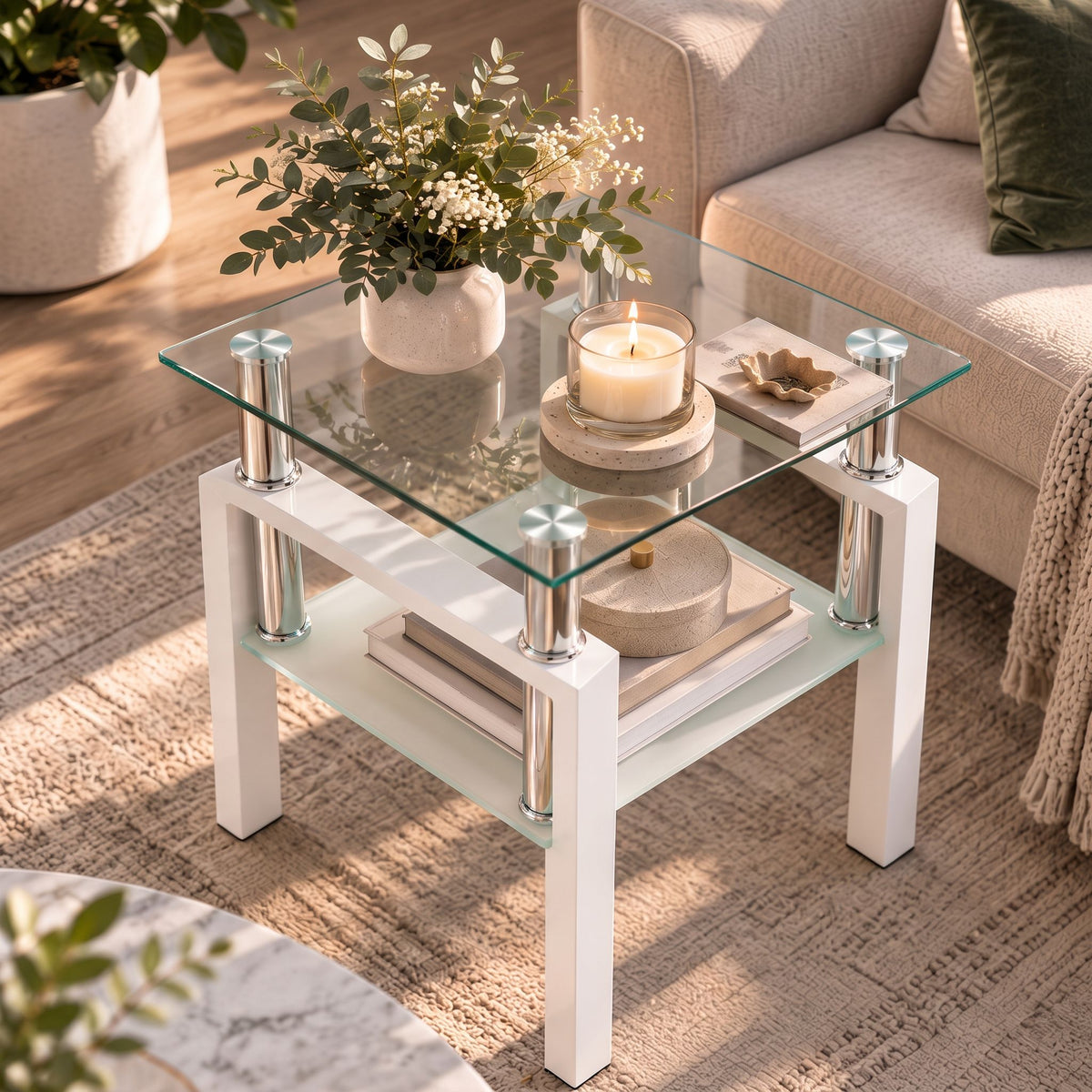 Modern Tempered Glass Tea Table, End Square Table For Living Room