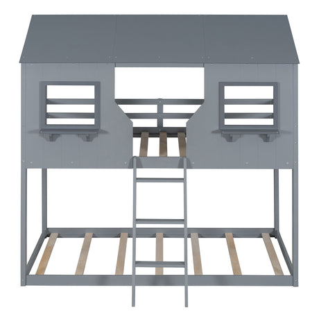 Twin Over Twin Bunk Bed With Roof, Window, Guardrail, Ladder