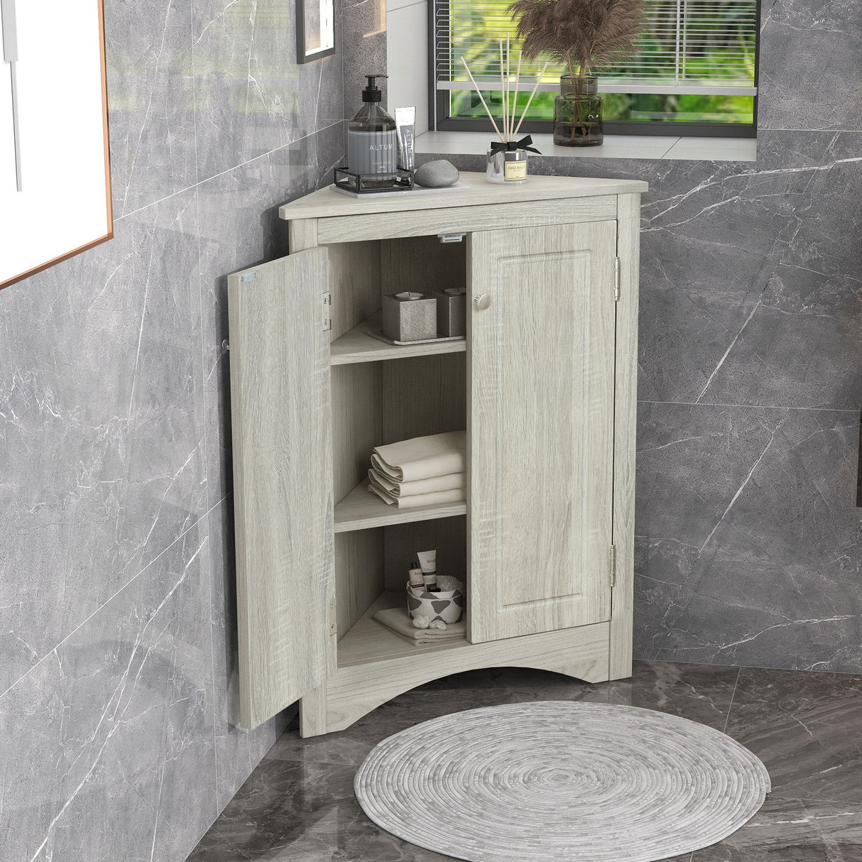 Triangle Bathroom Storage Cabinet With Adjustable Shelves, Freestanding Floor Cabinet - Oak