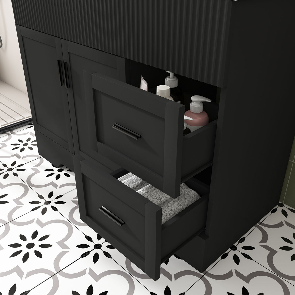 Bathroom Vanity, Fluted Cabinet, Soft Close Doors & Drawers, Single Faucet Hole, Sink Included - Black