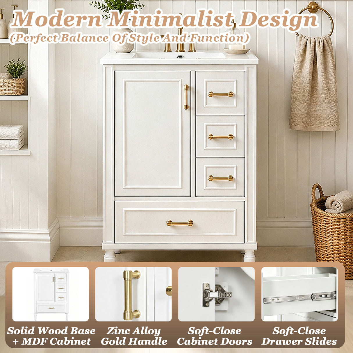 Modern Bathroom Vanity With Sink, Soft Close Doors, 3 Drawers