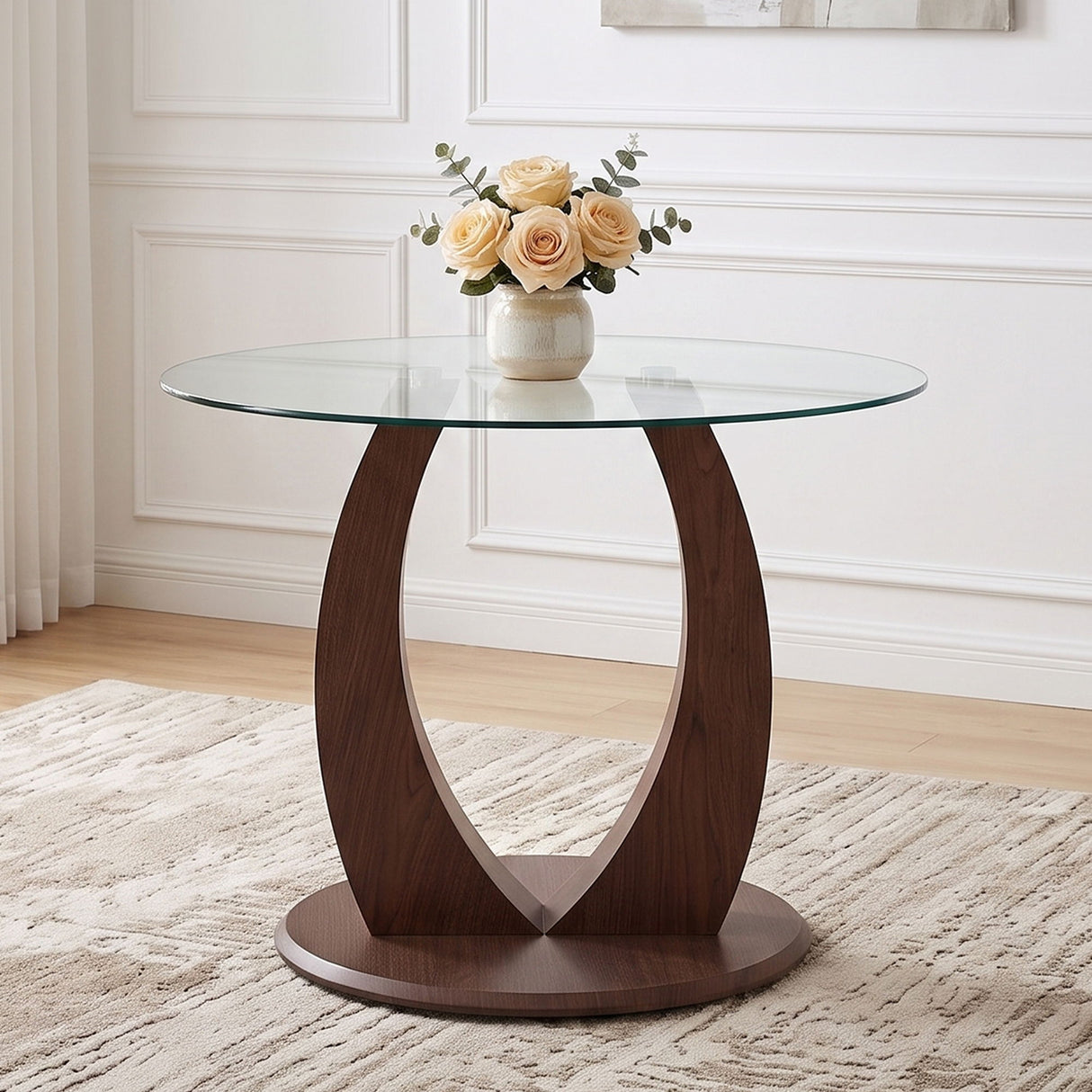 2 In 1 Round Glass Dining Table With Adjustable Curved Base, - Transparent / Walnut