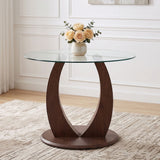 2 In 1 Round Glass Dining Table With Adjustable Curved Base, - Transparent / Walnut