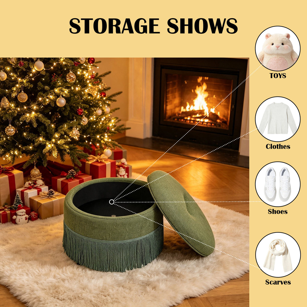 Round Storage Ottoman With Tassel, Decorative Accent Pouf For Living Room