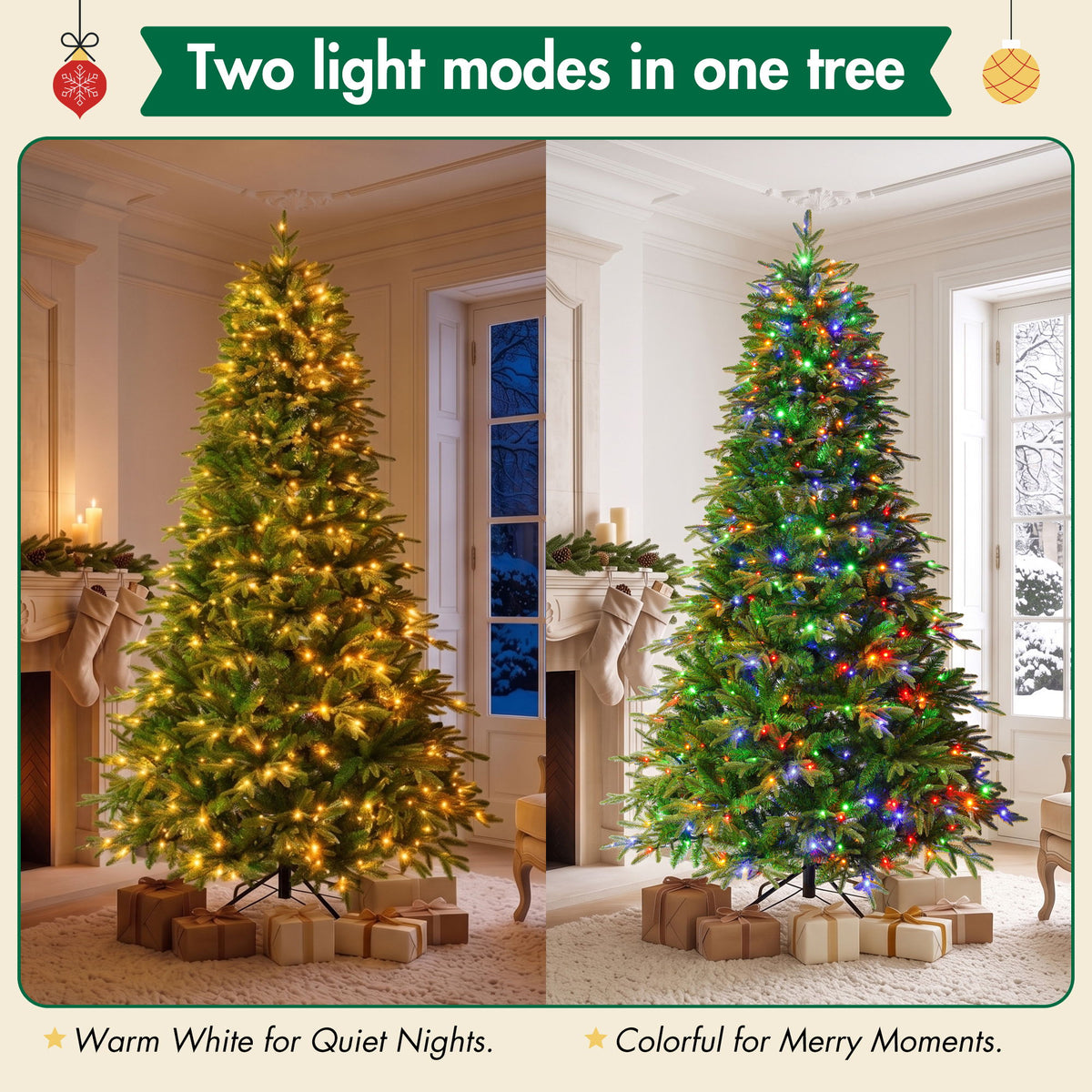7.5Ft Premium Life Like Full Flocked Christmas Tree With Stand, Fire Resistant Tips, Warm & Colorful LED Lights - Green