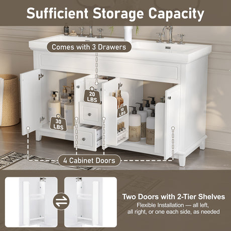 Bathroom Vanity Cabinet Only, 3 Drawers & 4 Doors & Double Layer Shelves - White
