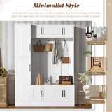 Tall Hall Tree With Shoe Storage, 4 In 1 Entryway Bench With 6 Cabinets, 4 Coat Hooks & Adjustable Shelf For Hallway - White