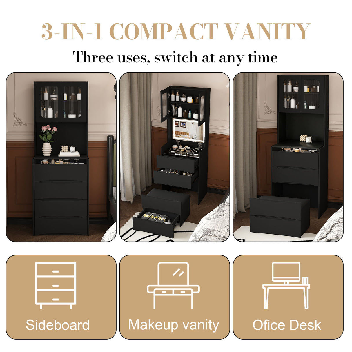 3 In 1 Vanity Table With LED Mirror & Storage Stool For Bedroom