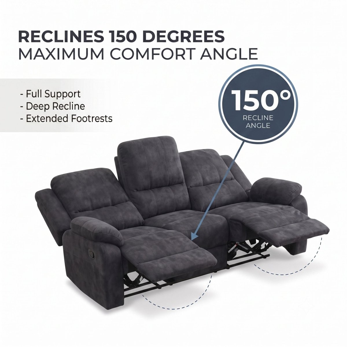 2 Piece Reclining Sofa Set, 3 Seat Sofa & 2 Seat Loveseat, 150° Recline - Dark Gray - Reclining Sofas & Loveseats available at Alpine Outlets in Denver
