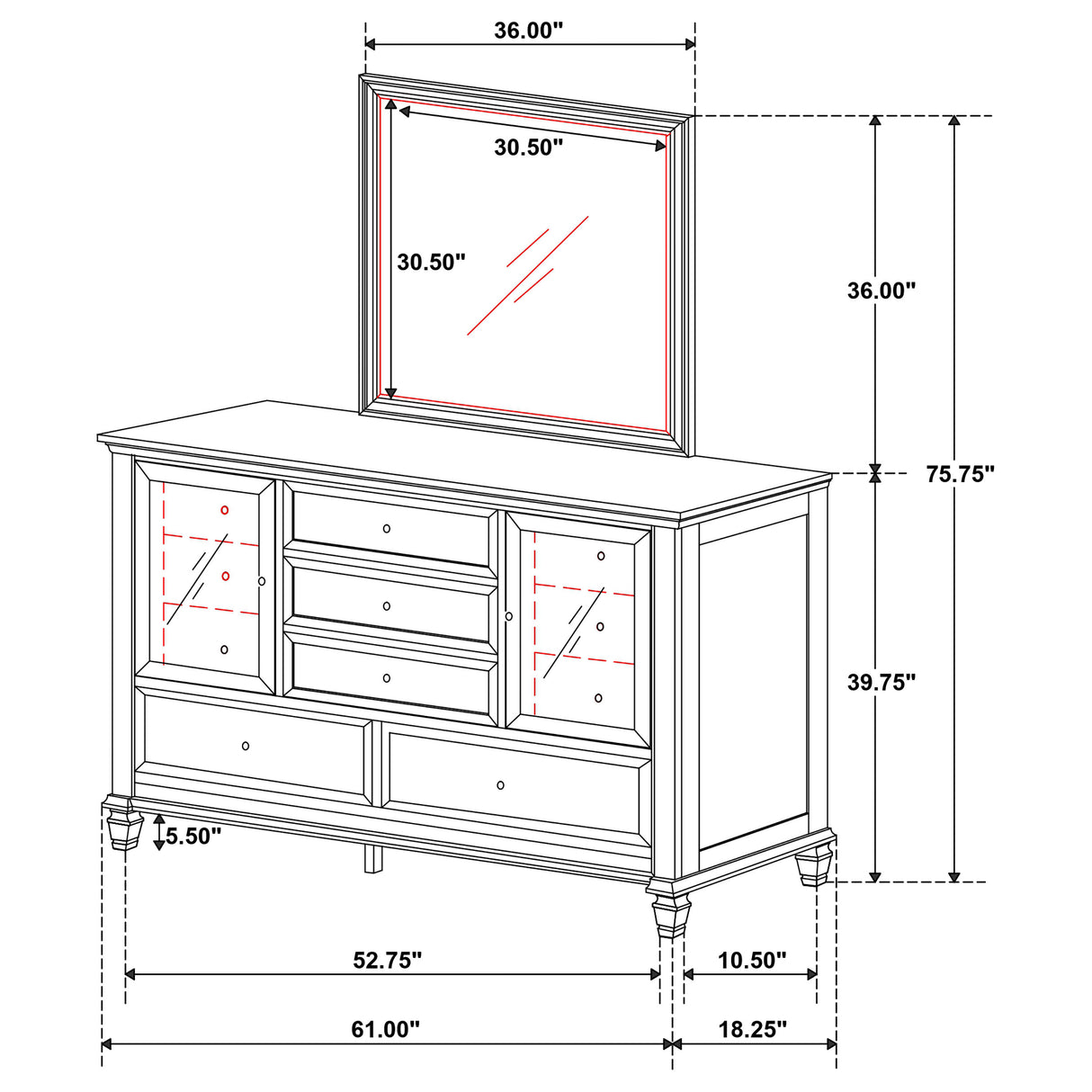 Sandy Beach 11-Drawer Dresser with Mirror, Cream White
