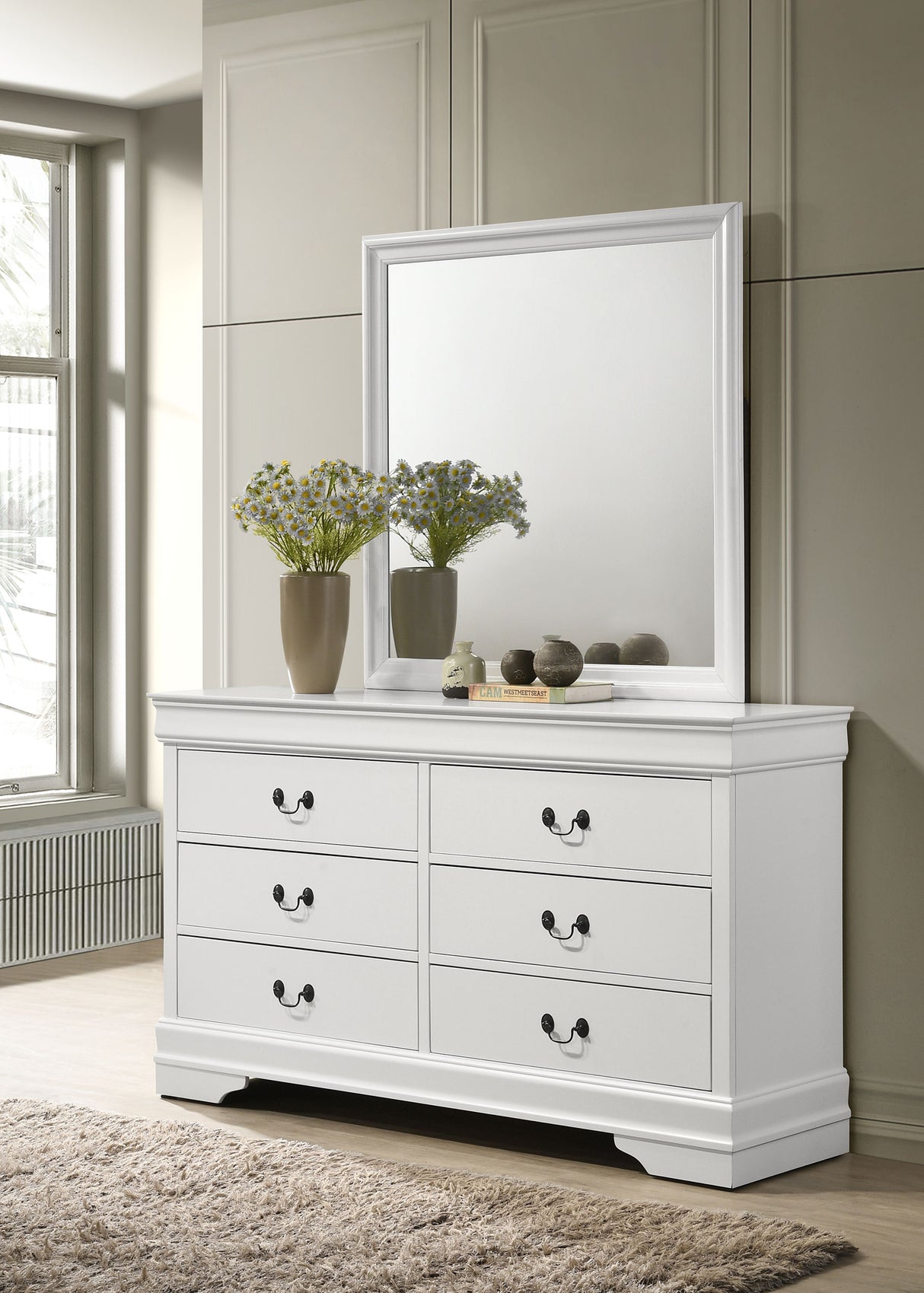 Louis Philippe 6-Drawer Dresser and Mirror - White