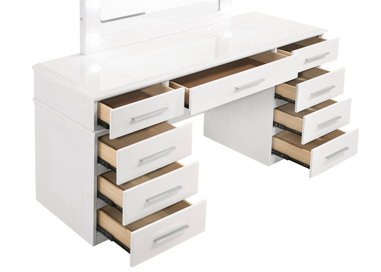 Felicity 9-Drawer Vanity Table with Lighted Mirror, White Gloss