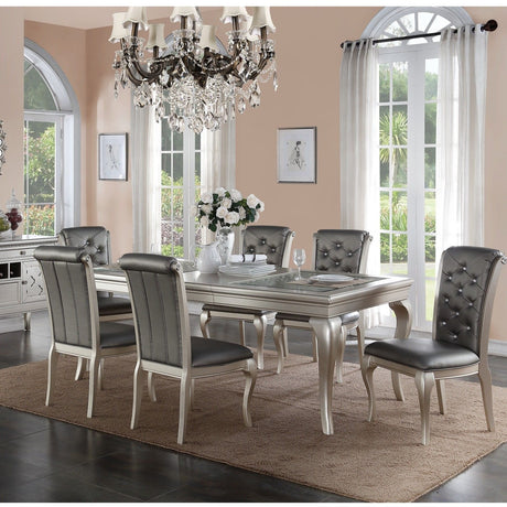 Rectangle Dining Table With Glass Top And 6 Tufted Back Chairs - Gray / Silver