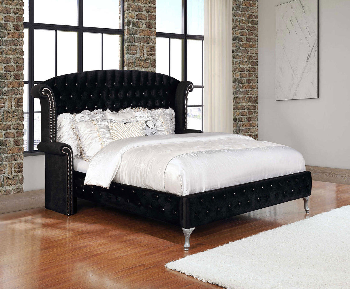 Deanna Upholstered Queen Wingback Bed, Black