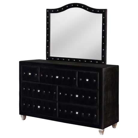 Deanna 7-Drawer Upholstered Dresser with Mirror - Black