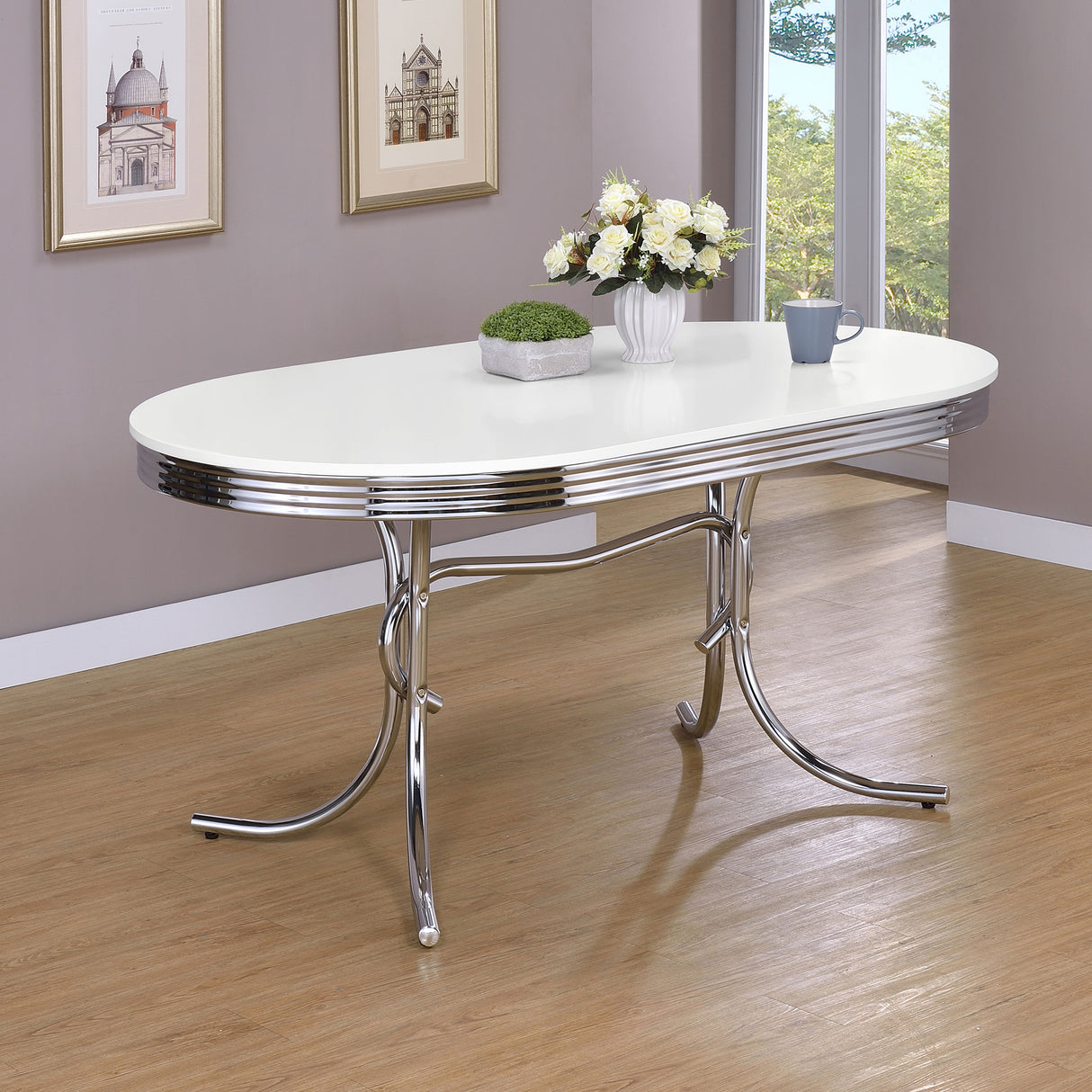 Retro Oval 60-inch White Dining Table with Chrome Legs