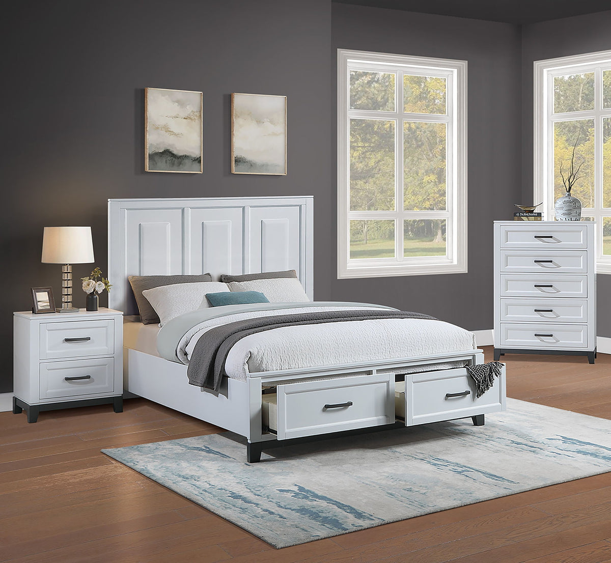 3 Piece Bedroom Furniture Panel Headboard White Eastern King Size Bed W Underbed Drawers Nightstand Chest Gray