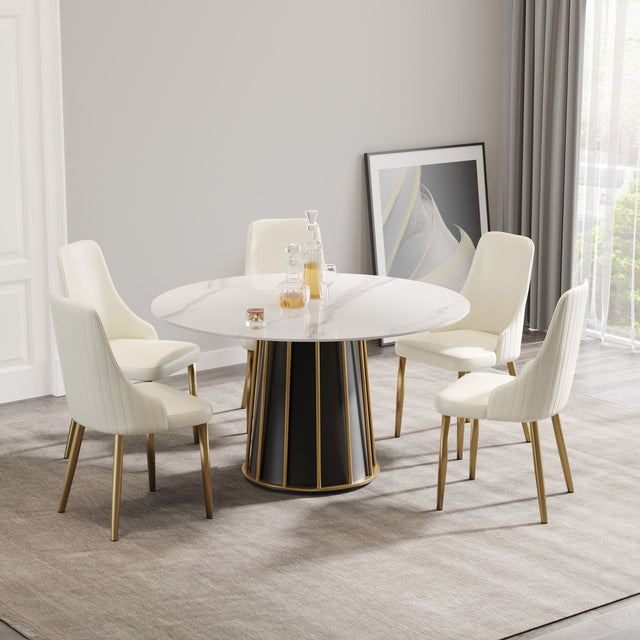 53.15" Modern Artificial Stone Round Panel Metal Iron Base Dining Table, Can Accommodate 6 People, (Not Including Chairs) - White / Black - Dining Tables - Alpine Outlets