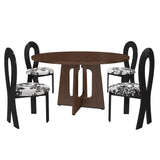 Round Dining Table For 4 With 4 Upholstered Chairs - Walnut / Black