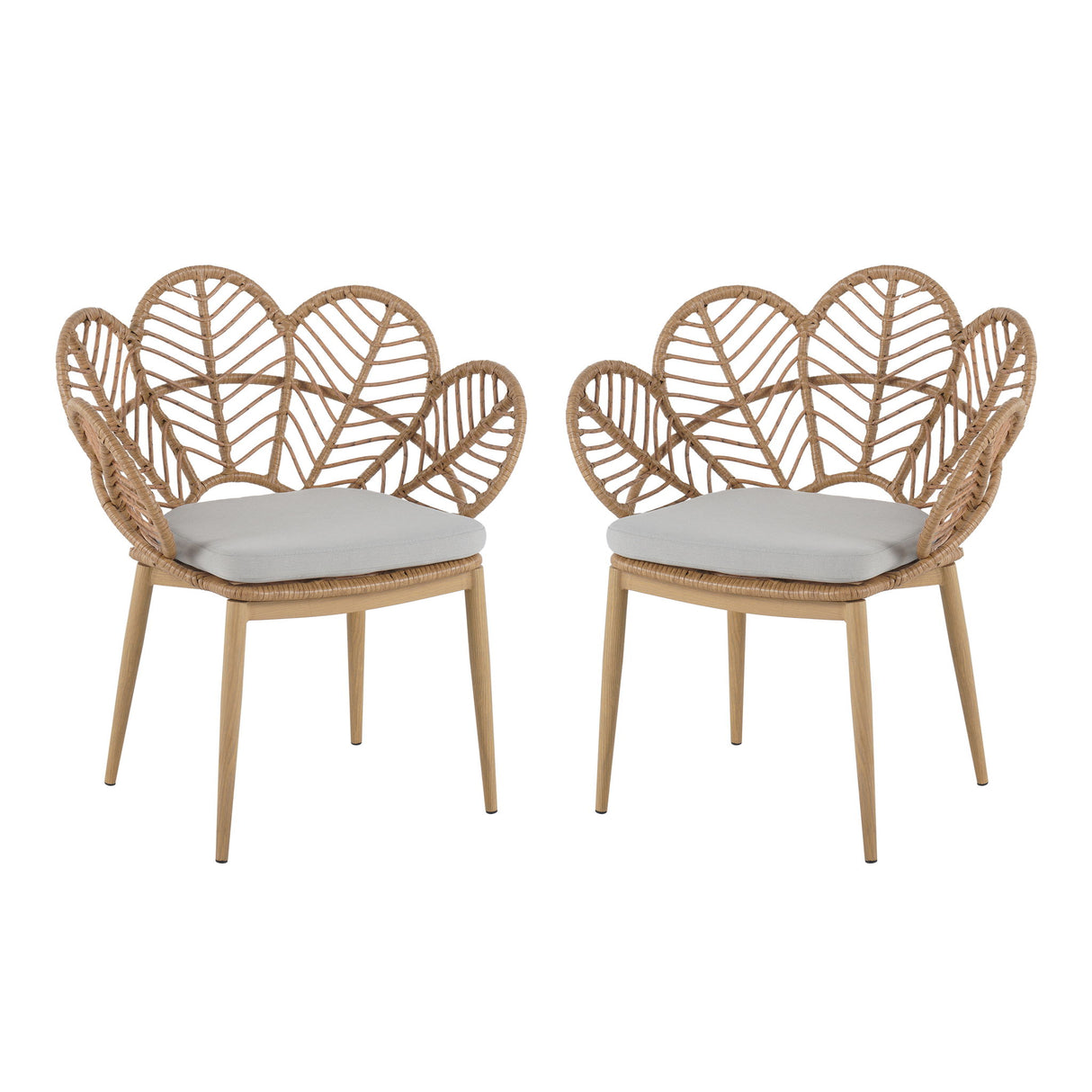 Kirk - Outdoor Wicker Peacock Shape Papasan Style Chair, Teak Finished Leg (Set of 2) - Beige / Light Brown / Light Teak
