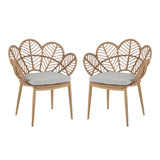 Kirk - Outdoor Wicker Peacock Shape Papasan Style Chair, Teak Finished Leg (Set of 2) - Beige / Light Brown / Light Teak