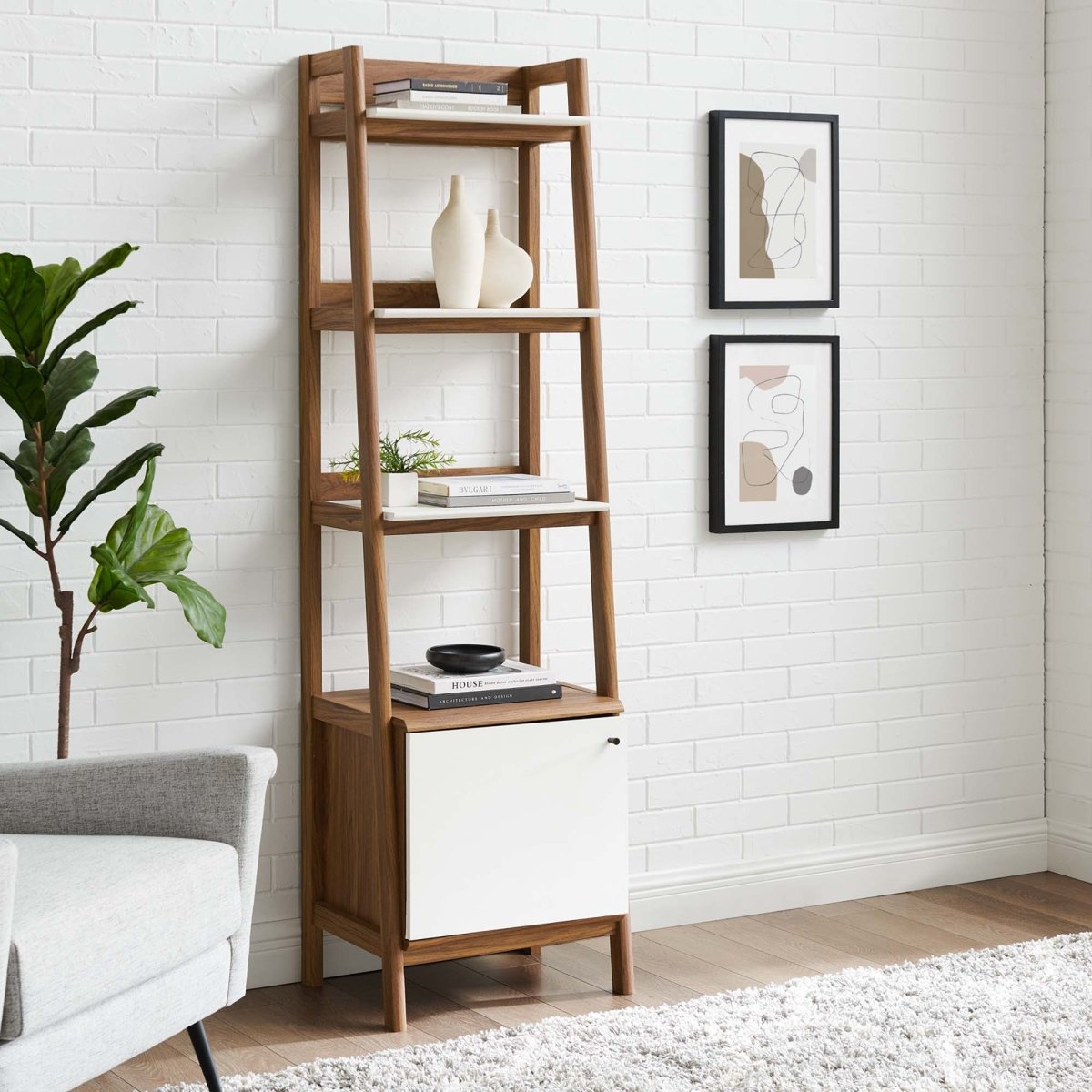 21" Slim Tiered Display Bookshelf with Concealed Storage in Walnut White - Bookcases available at Alpine Outlets in Denver