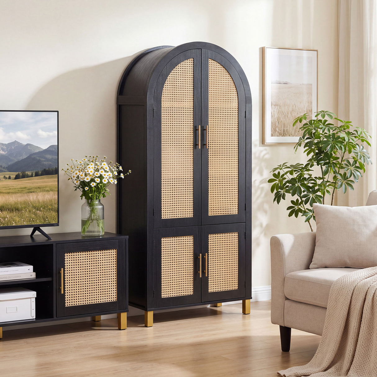 Tall Arched Cabinet With Rattan Doors & Adjustable Shelves