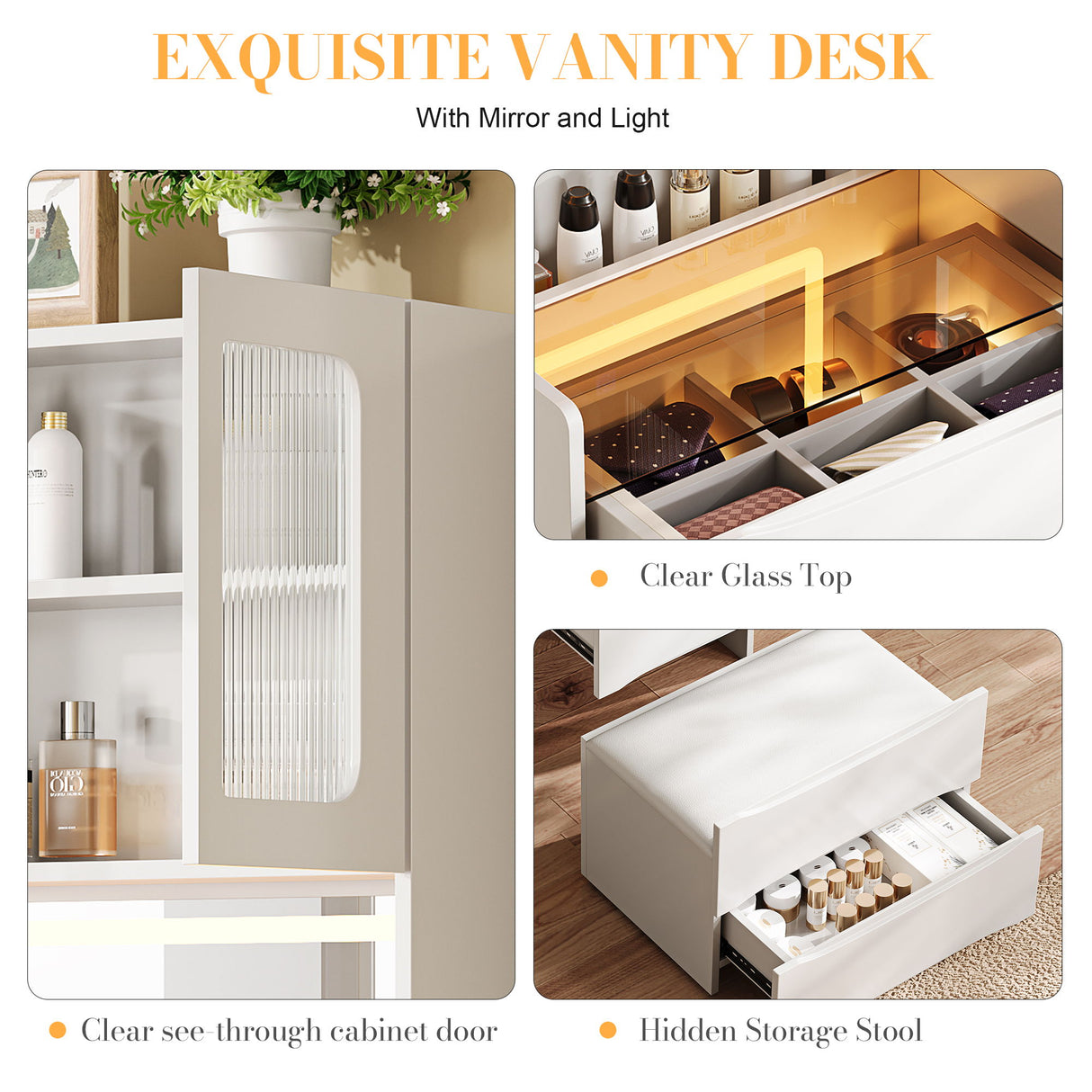 3 In 1 Vanity Table With LED Mirror & Storage Stool For Bedroom