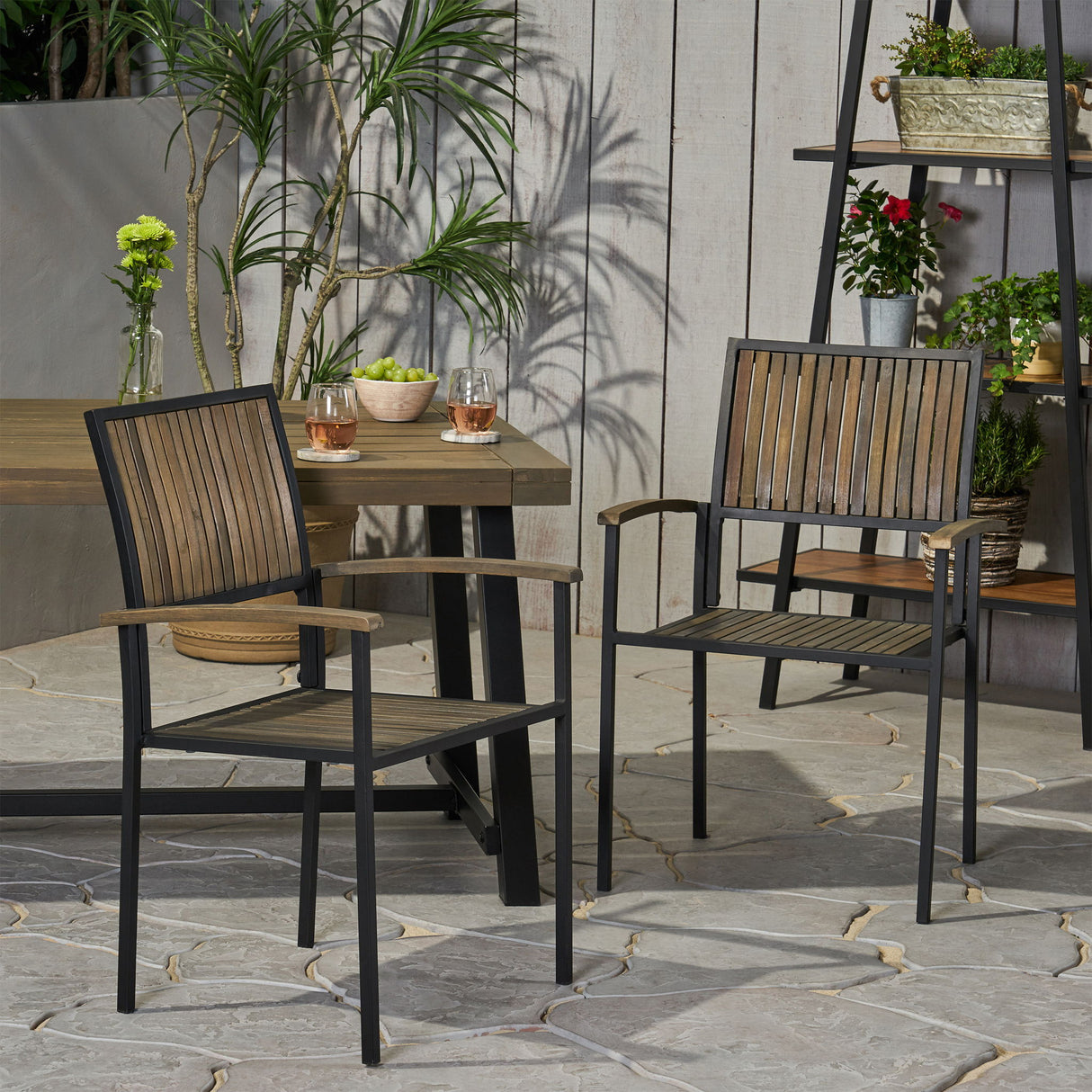 Vermilion - Outdoor Dining Chair With Vertical Slat And Wooden Arm