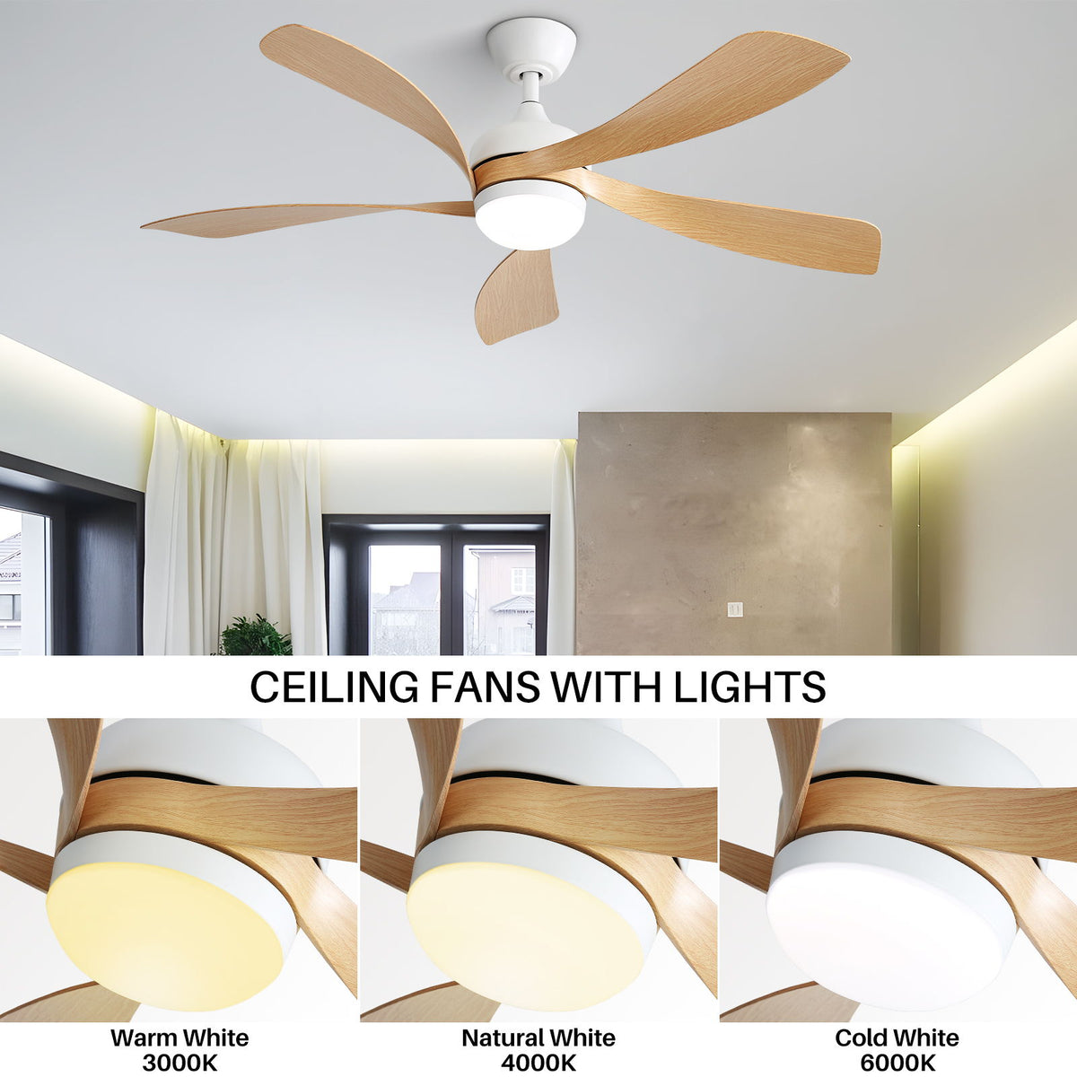 52" Ceiling Fan With 3 Color Dimmable LED Light, 5 Blades, Remote Control, Reversible DC Motor