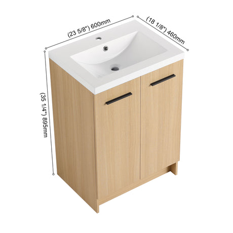 Freestanding Bathroom Vanity Set With Tall Linen Cabinet, Single Sink, Extra Storage, Soft Close Doors - Glossy White / Light Oak
