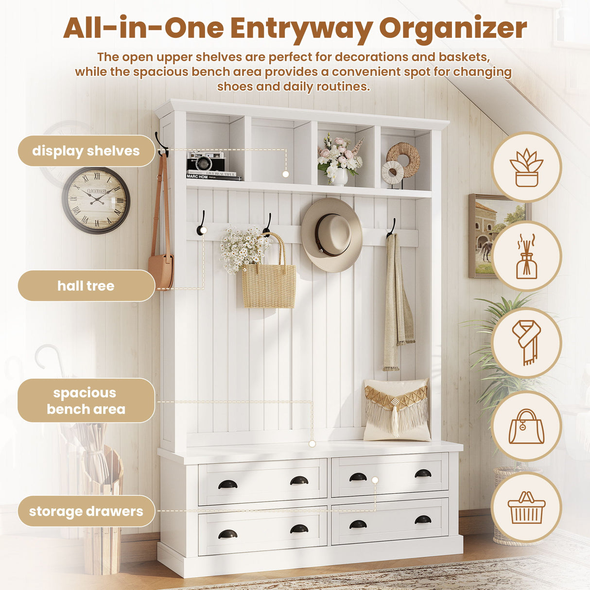 Hall Tree With 4 Drawers, Coat Rack With 6 Hooks