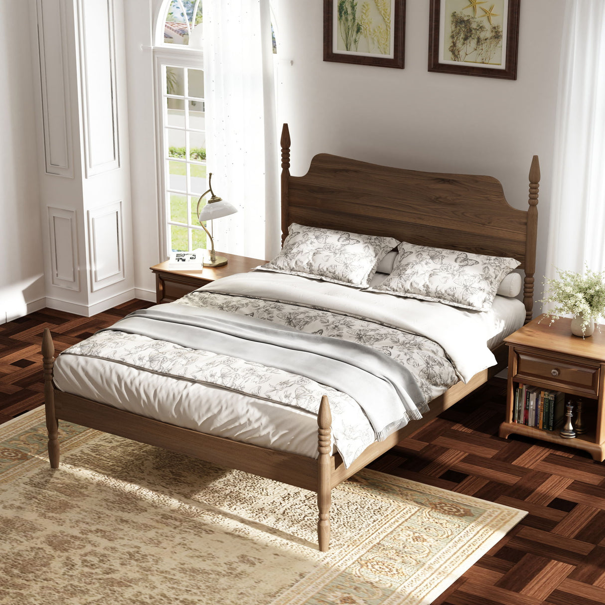Retro 4 Poster Platform Bed Frame With Curved Tall Headboard