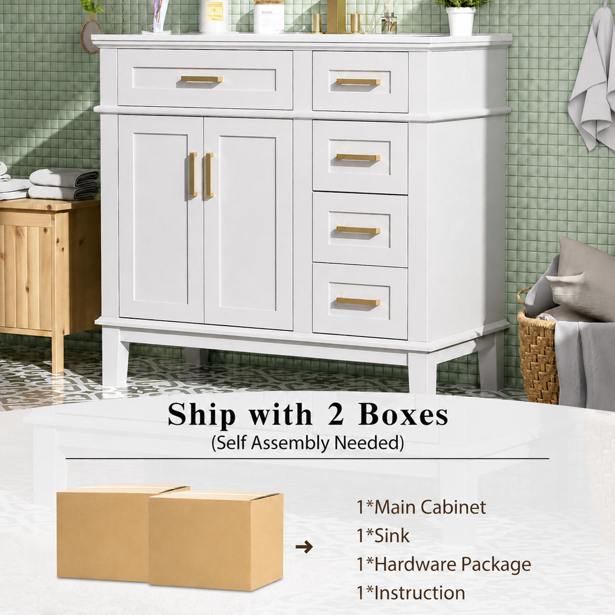 Modern Bathroom Vanity With Sink, Soft Close Doors, 4 Storage Drawers