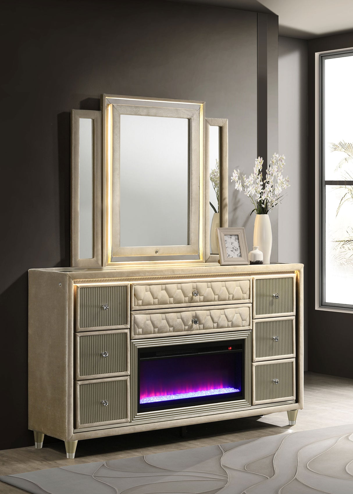 Lorient 8-Drawer LED Flame Box Dresser and Mirror Ivory Camel