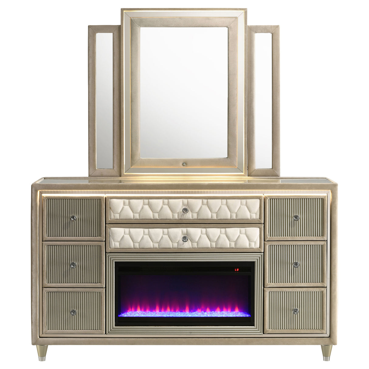 Lorient 8-Drawer LED Flame Box Dresser and Mirror Ivory Camel