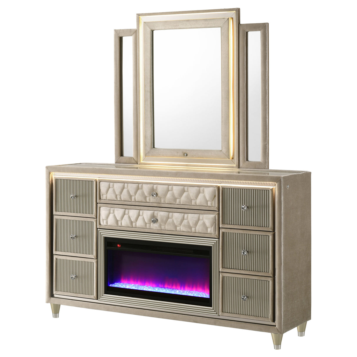 Lorient 8-Drawer LED Flame Box Dresser and Mirror Ivory Camel