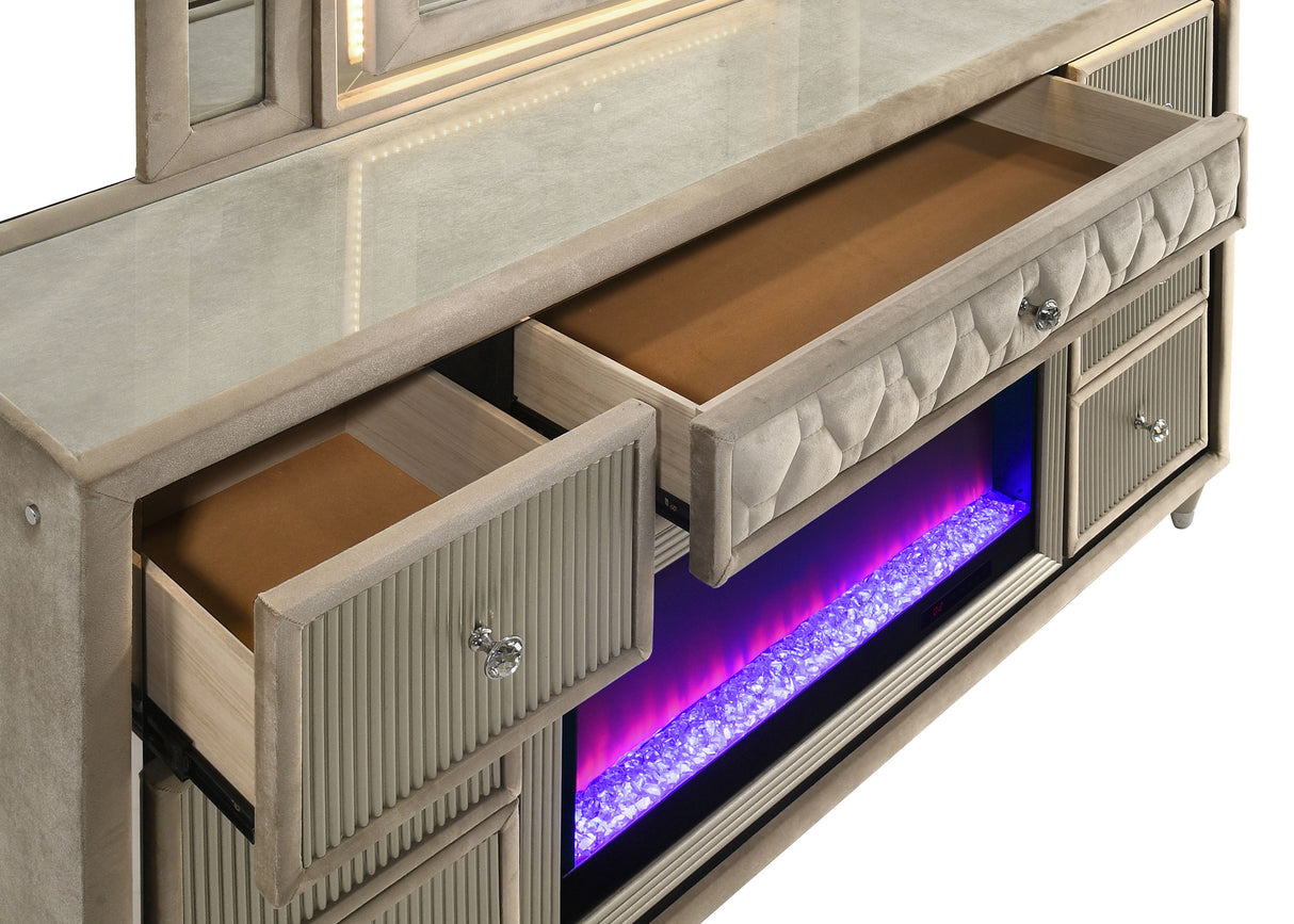 Lorient 8-Drawer LED Flame Box Dresser and Mirror Ivory Camel