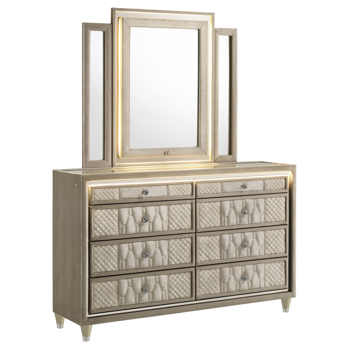 Lorient 8-Drawer LED Dresser with Mirror Ivory Camel