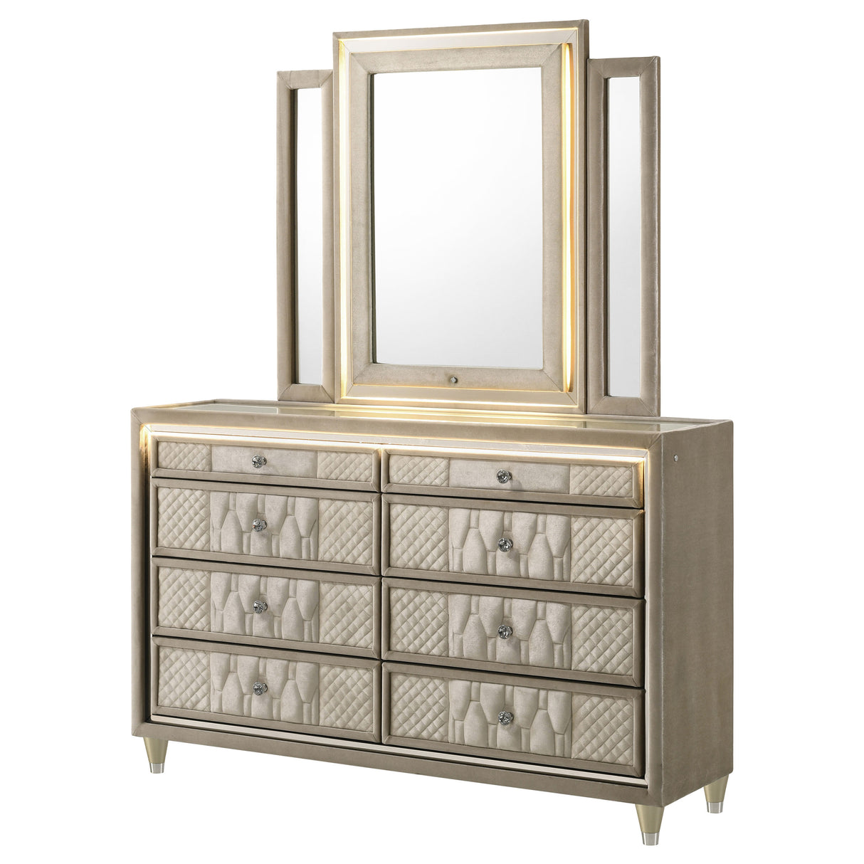 Lorient 8-Drawer LED Dresser with Mirror Ivory Camel