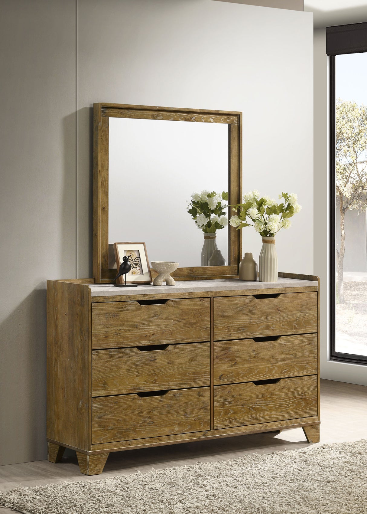 Henderson 6-Drawer Dresser with Mirror, Medium Oak