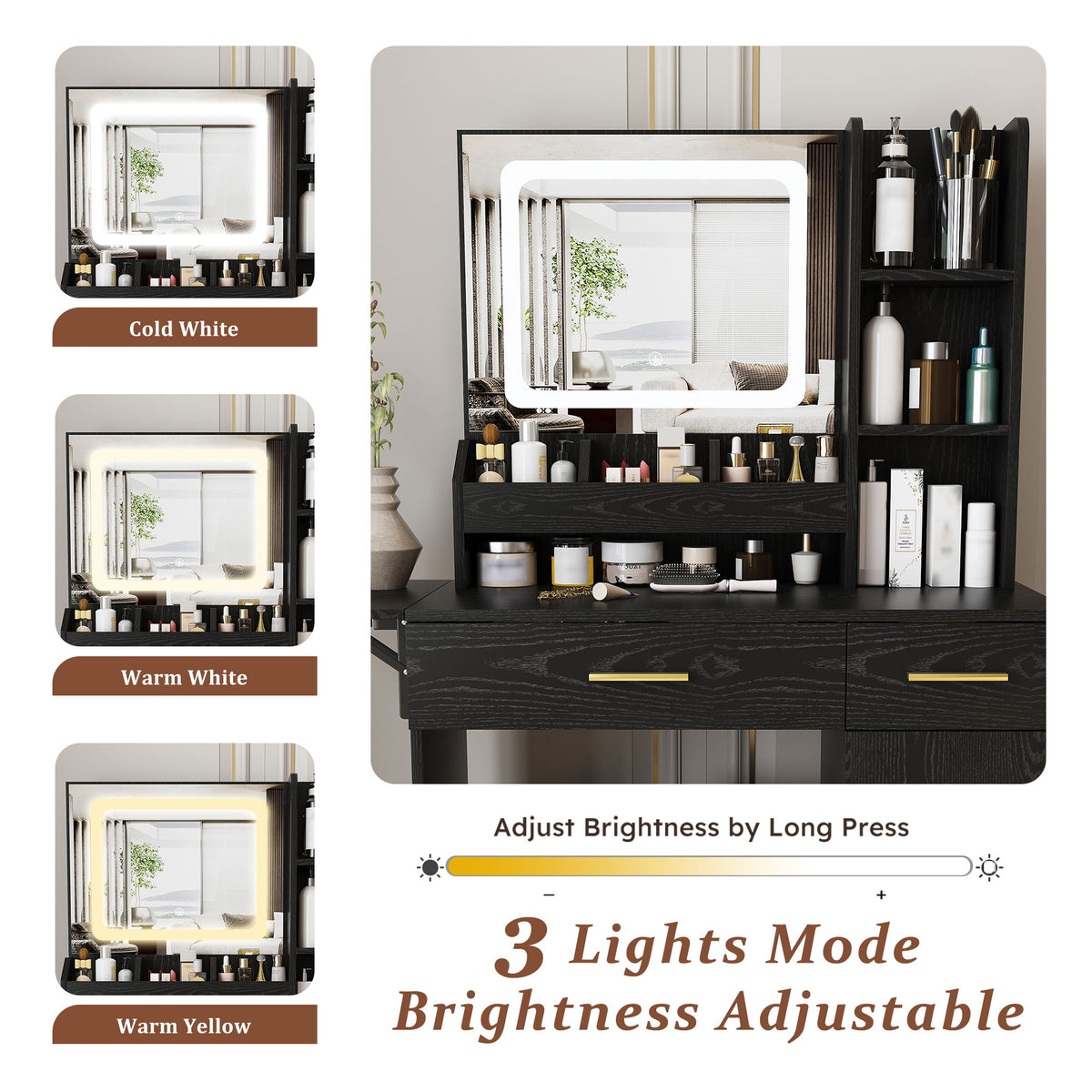 Vanity Desk With LED Mirror Lights And Charging Outlet