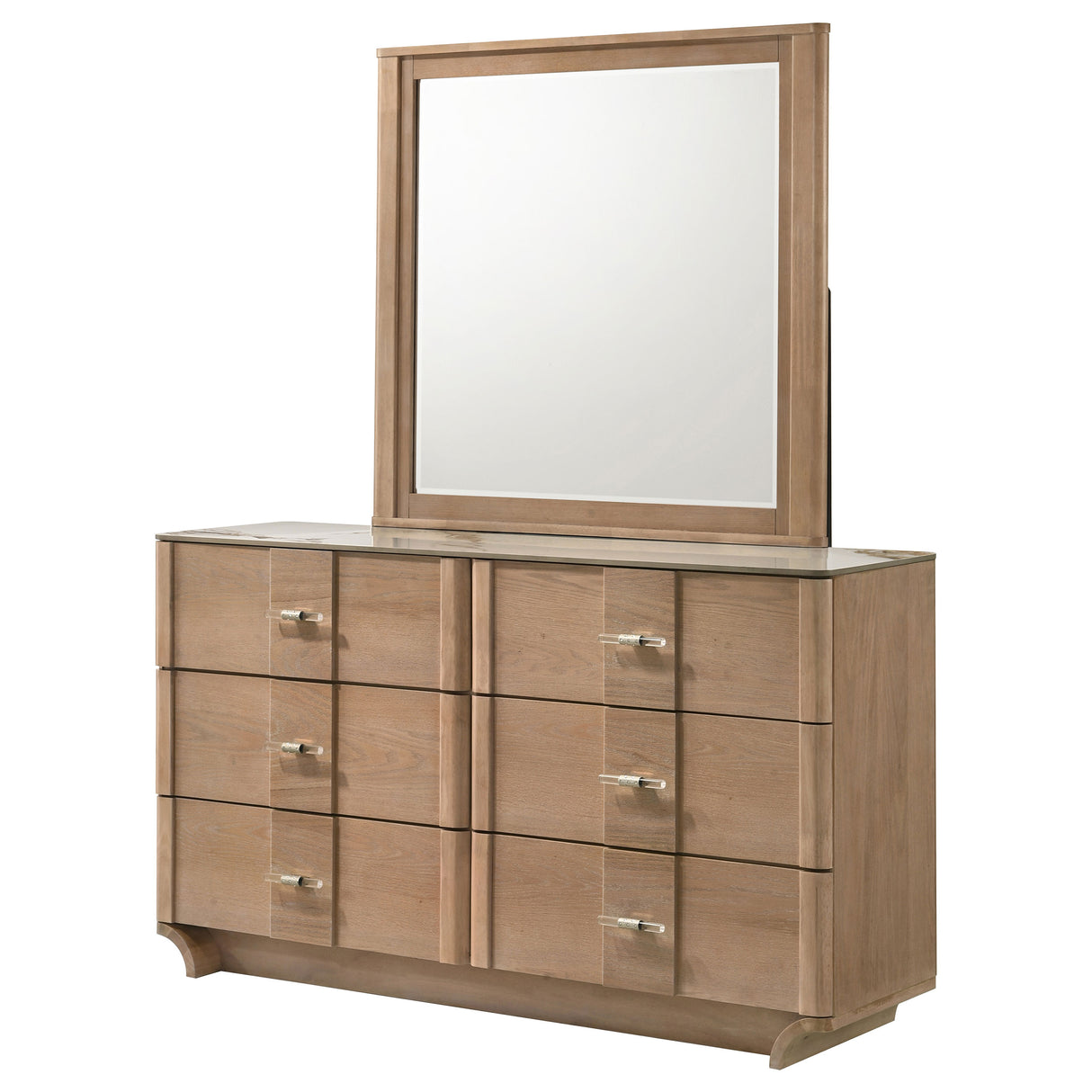 Leanne 6-Drawer Sintered Stone Top Dresser with Mirror, Light Oak